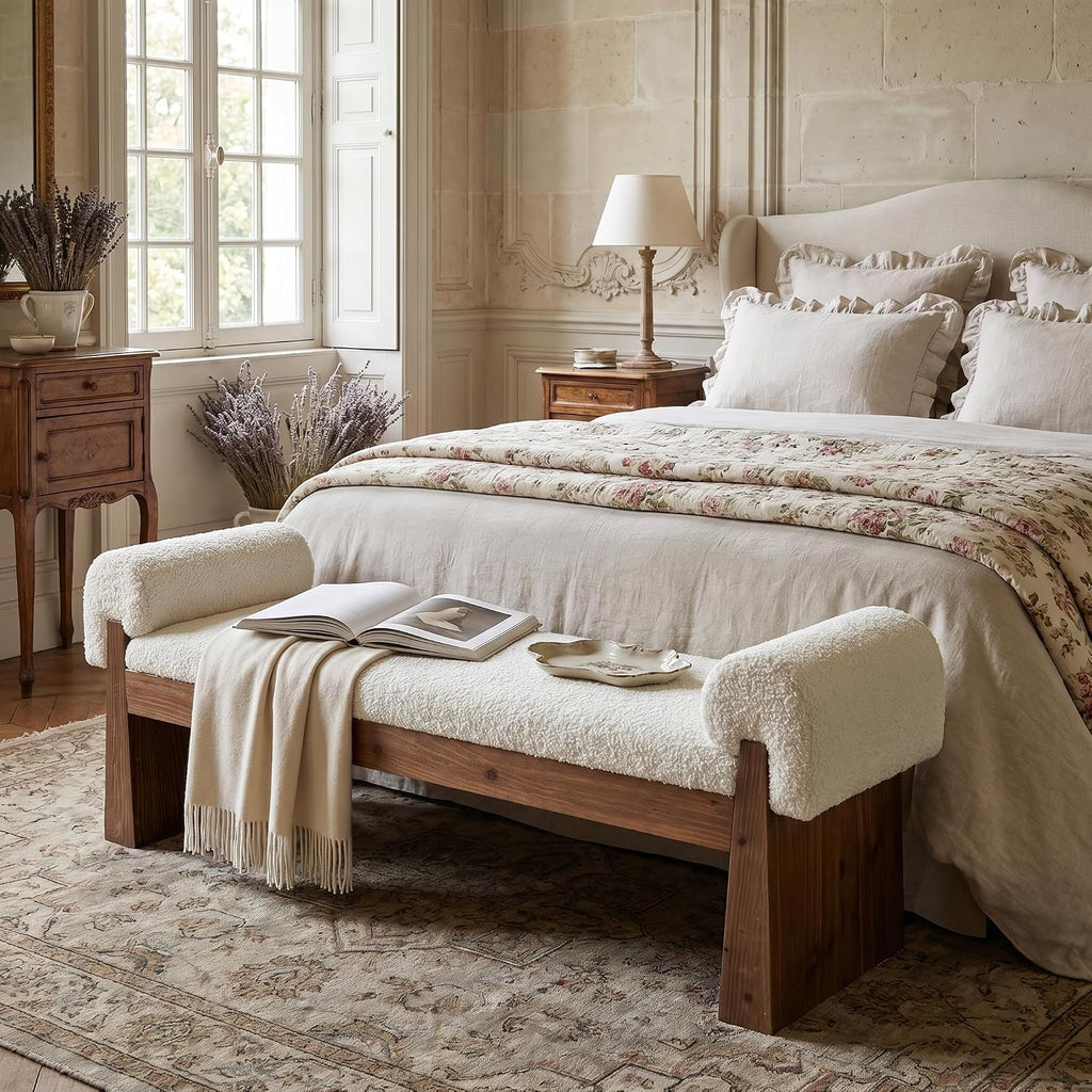 Solid Wood Cushioned Bench, Upholstered Entryway Bench | Bedroom Ottoman Bench for Bed End, Padded Bench, Farmhouse