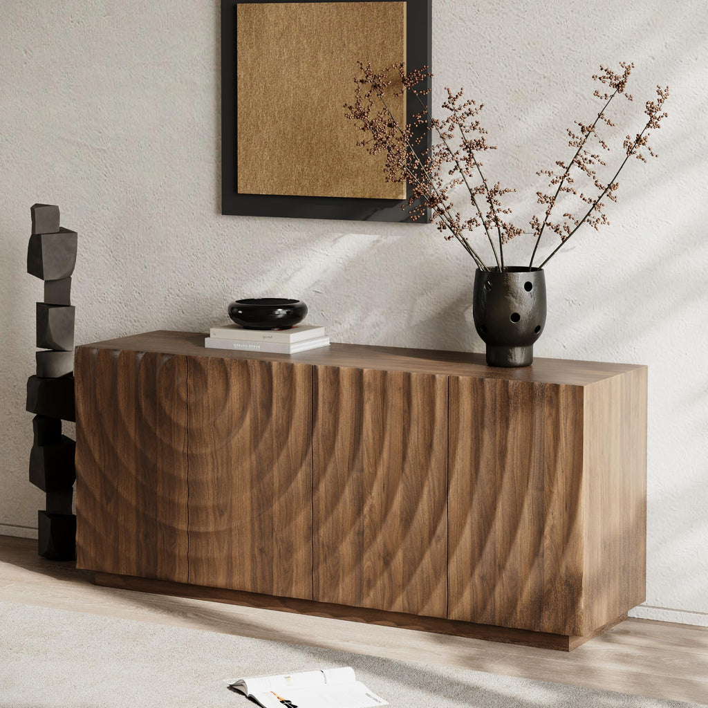 59" Modern Buffet Cabinet with 3D Water Ripple Doors, Sideboard Storage Cabinet with Wooden Base, Freestanding