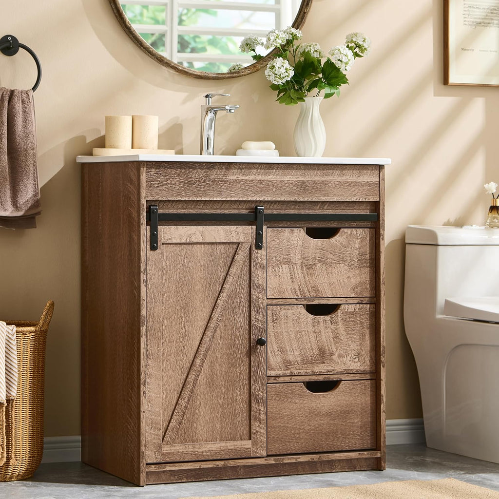 30" Farmhouse Bathroom Vanity with Sink, Freestanding Modern Bathroom Storage Vanity Cabinet w/Sliding Barn Door, 3 Drawers & Adjustable Shelves, Light Brown A133-B0DM28THG8