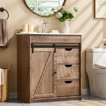 30" Farmhouse Bathroom Vanity with Sink, Freestanding Modern Bathroom Storage Vanity Cabinet w/Sliding Barn Door, 3 Drawers & Adjustable Shelves, Light Brown A133-B0DM28THG8