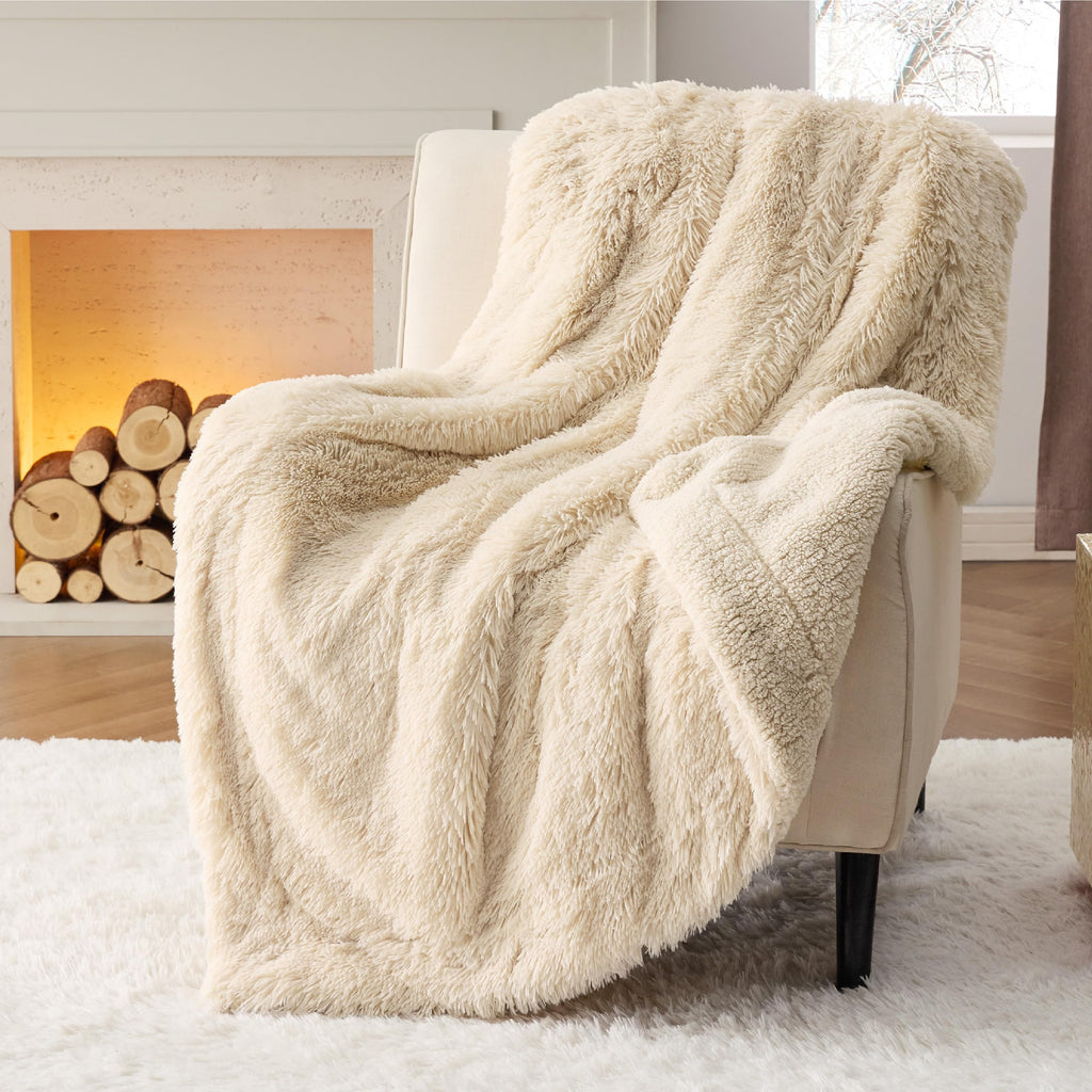 Faux Fur Fluffy Fleece Sherpa Blanket Couch Throw Beige 50"x60"