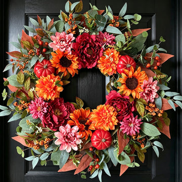 24" Fall Flower Wreath with Sunflowers Peony Pumpkins for Front Door