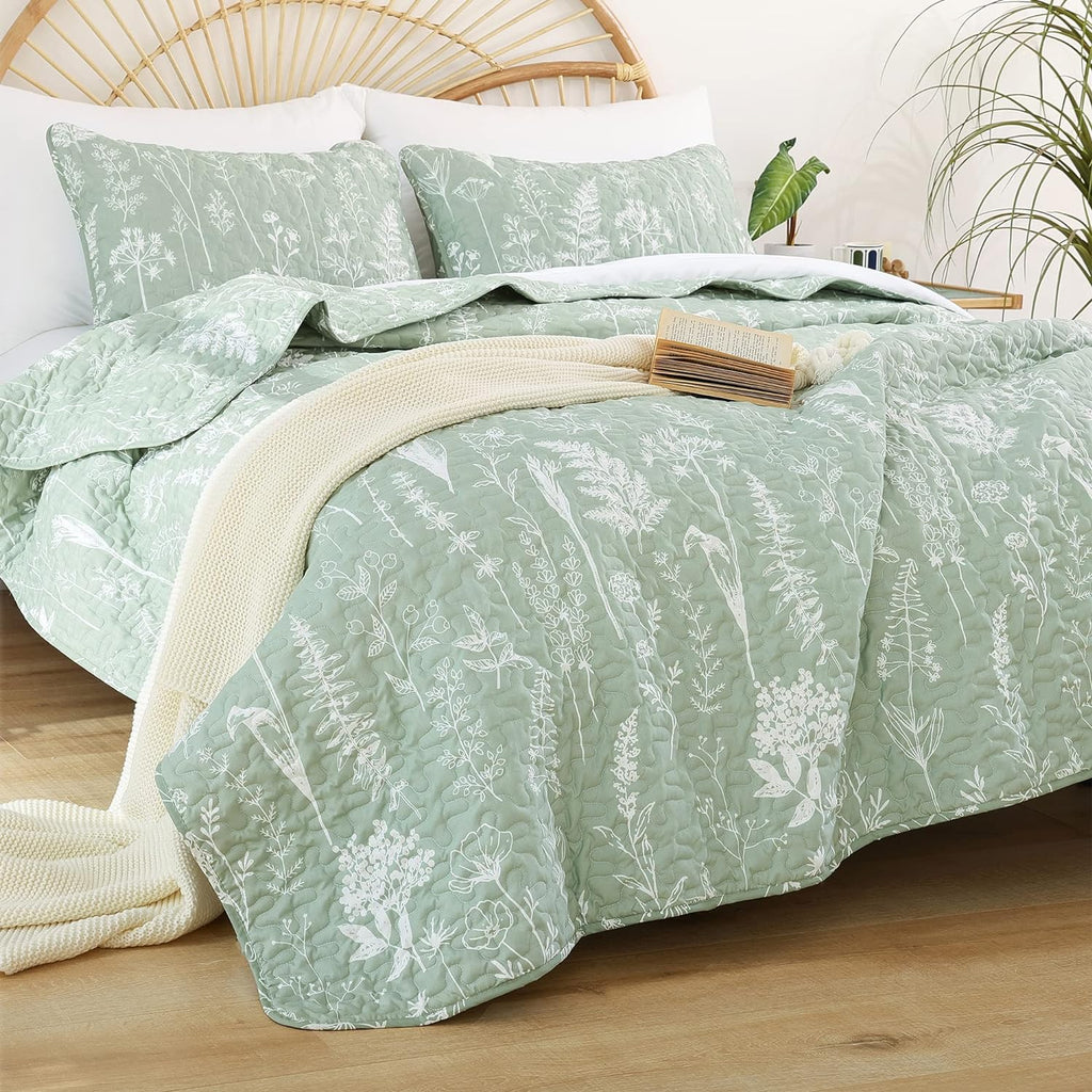 Quilts Queen Sage Green Quilt Botanical with Floral Pattern Microfiber Bedspreads Queen 3 Pieces Lightweight