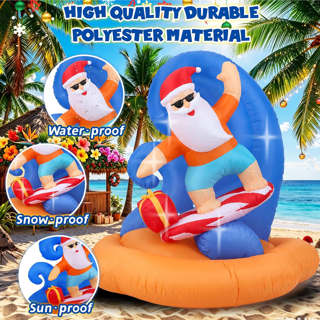 Christmas Inflatables Outdoor Santa Claus Surfing, 6FT Inflatable Santa Bulit in Led Lights, Blow up Xmas Yard