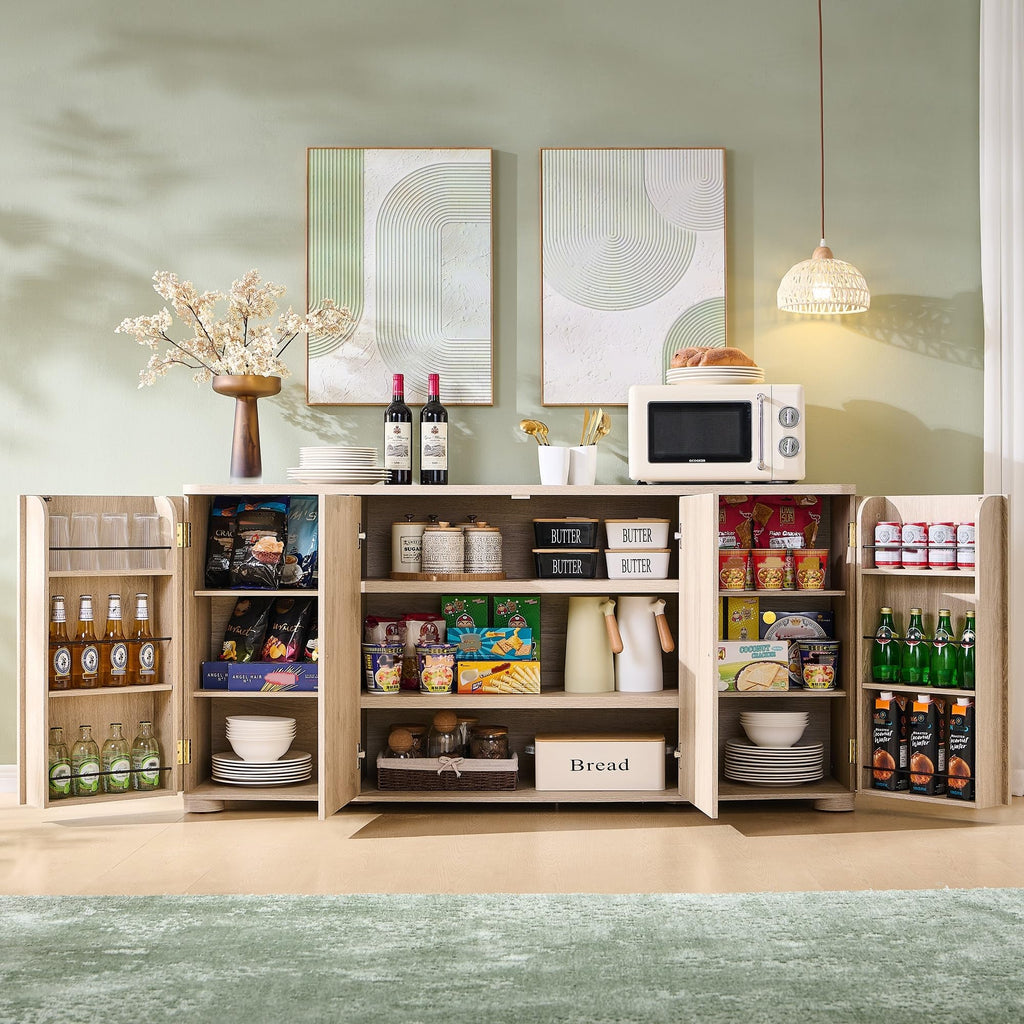 Curved Buffet Cabinet with Doors, 66" Large Sideboard Buffet Storage Cabinet with 4 Doors and Shleves, Modern Coffee