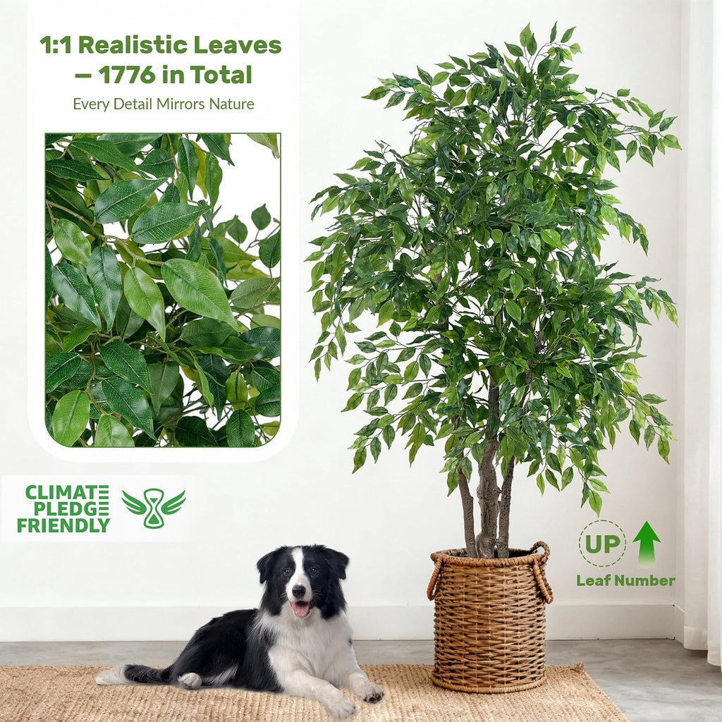 Ficus Tree Artificial with Triple Trunks, 5.5ft Fake Ficus Tree in Black Pot, Tall Artificial Tree Potted Plant