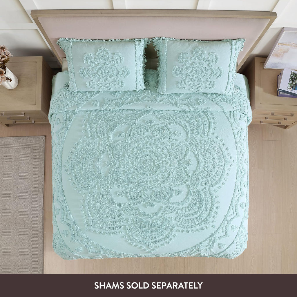 Lotus Medallion Full Chenille Bedspread, 100% Cotton, Blue