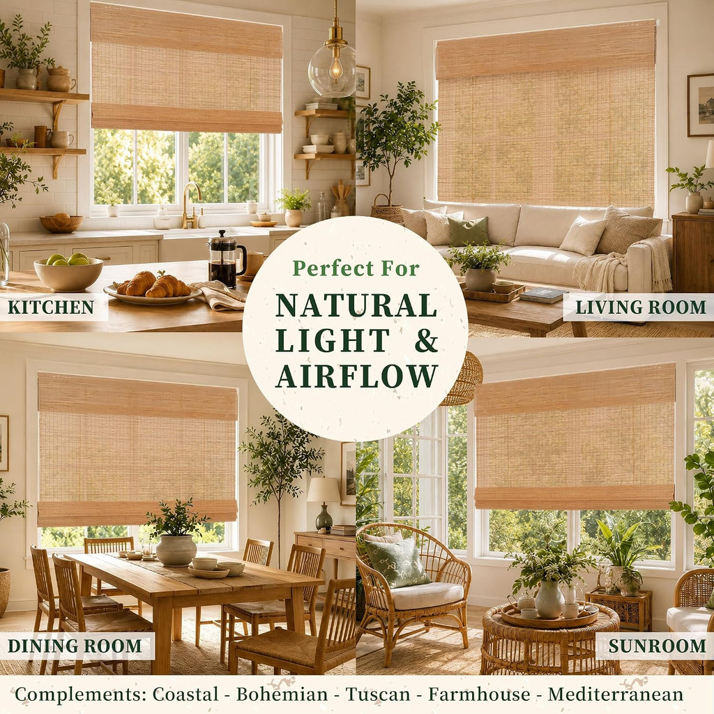 No Drill Cordless Bamboo Roman Shades with Matching Valance, Light Filtering Natural Woven Roll Up Blinds , and