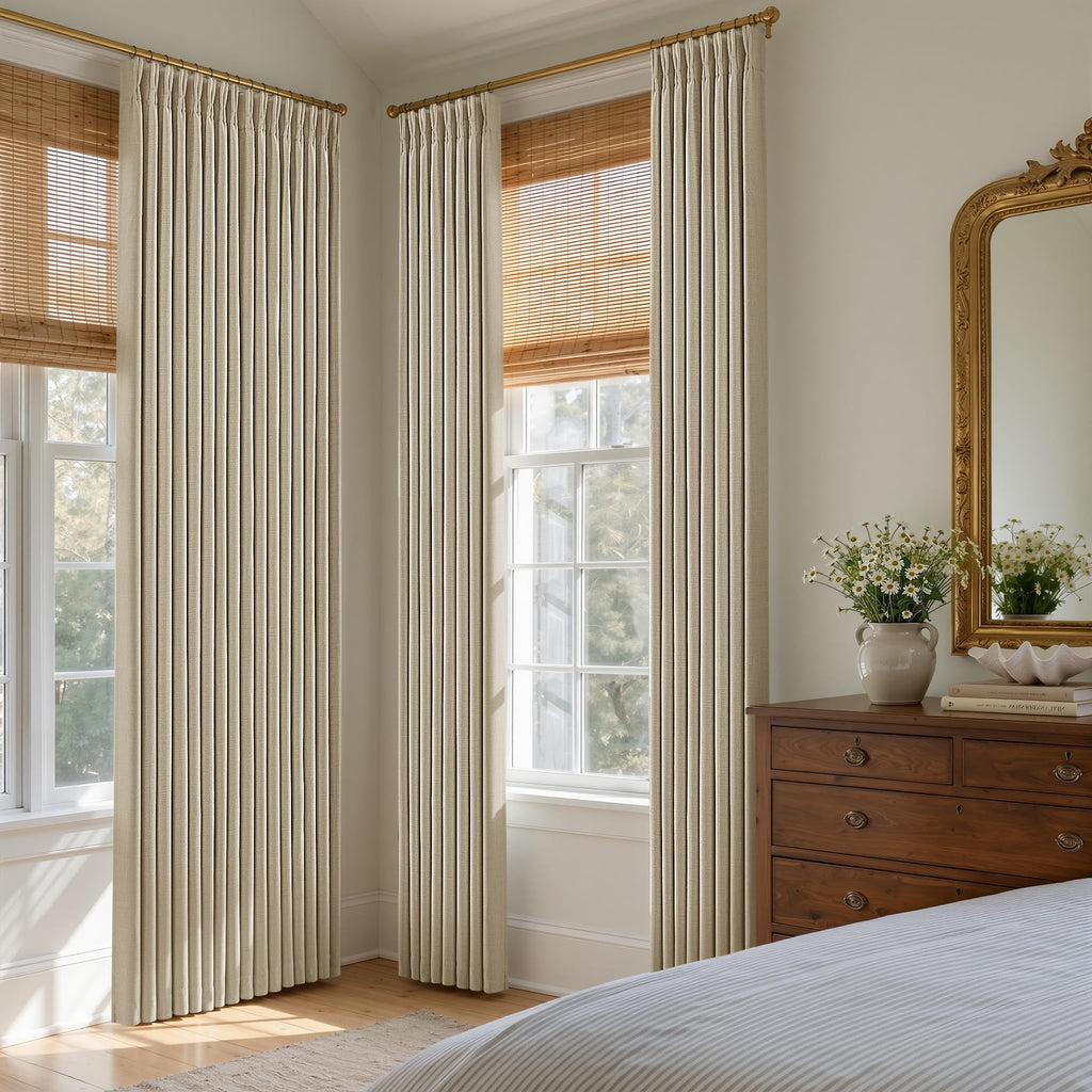 Oatmeal 96 Inch Blackout Pinch Pleated Curtains 2 Panel Set Darkening Thick Linen Textured 100% Black Out Soundproof