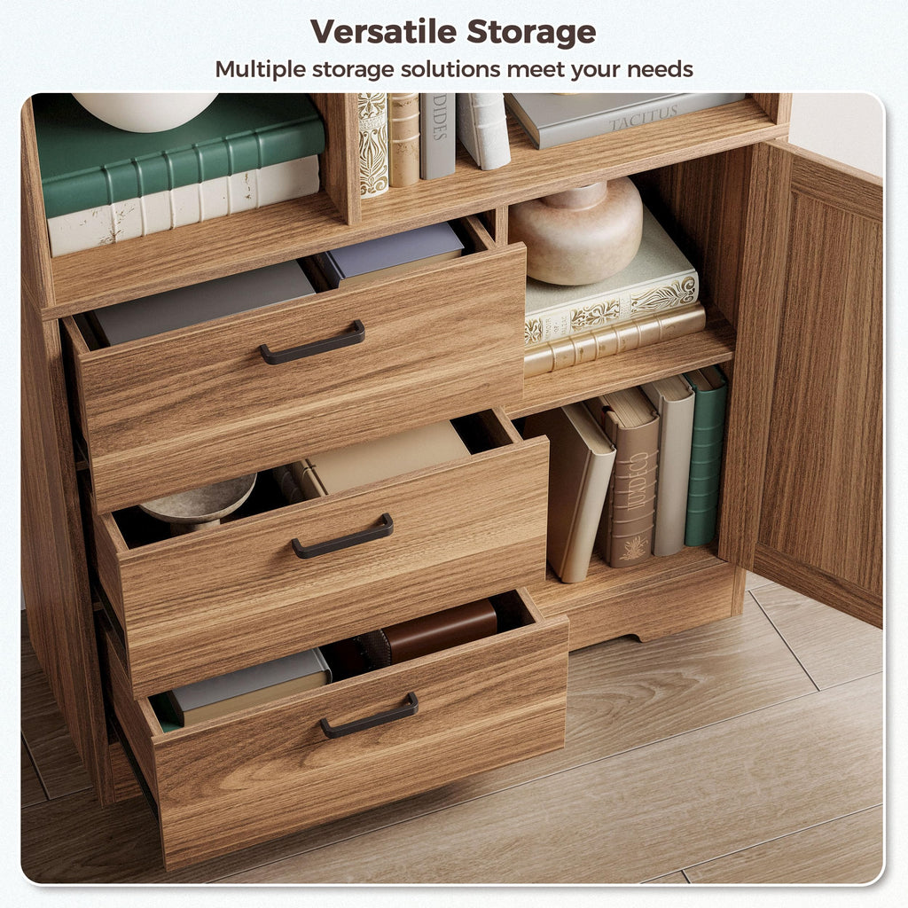 70.9-Inch Bookcase with Doors and 3 Drawers, Oak Brown