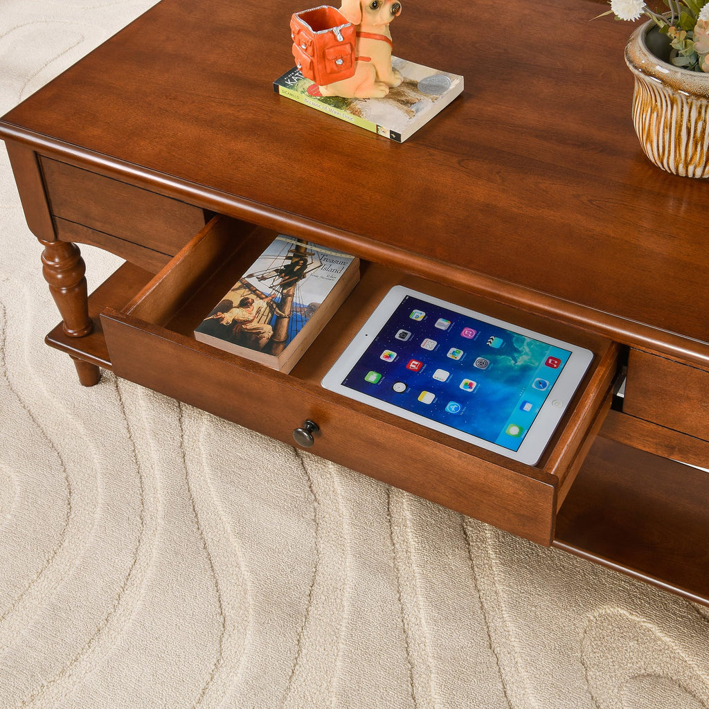 Rectangular Coffee Table with 2 Storage Drawers, Mid-century Solid Wood Living Room Table with Carved Leg, Elegant