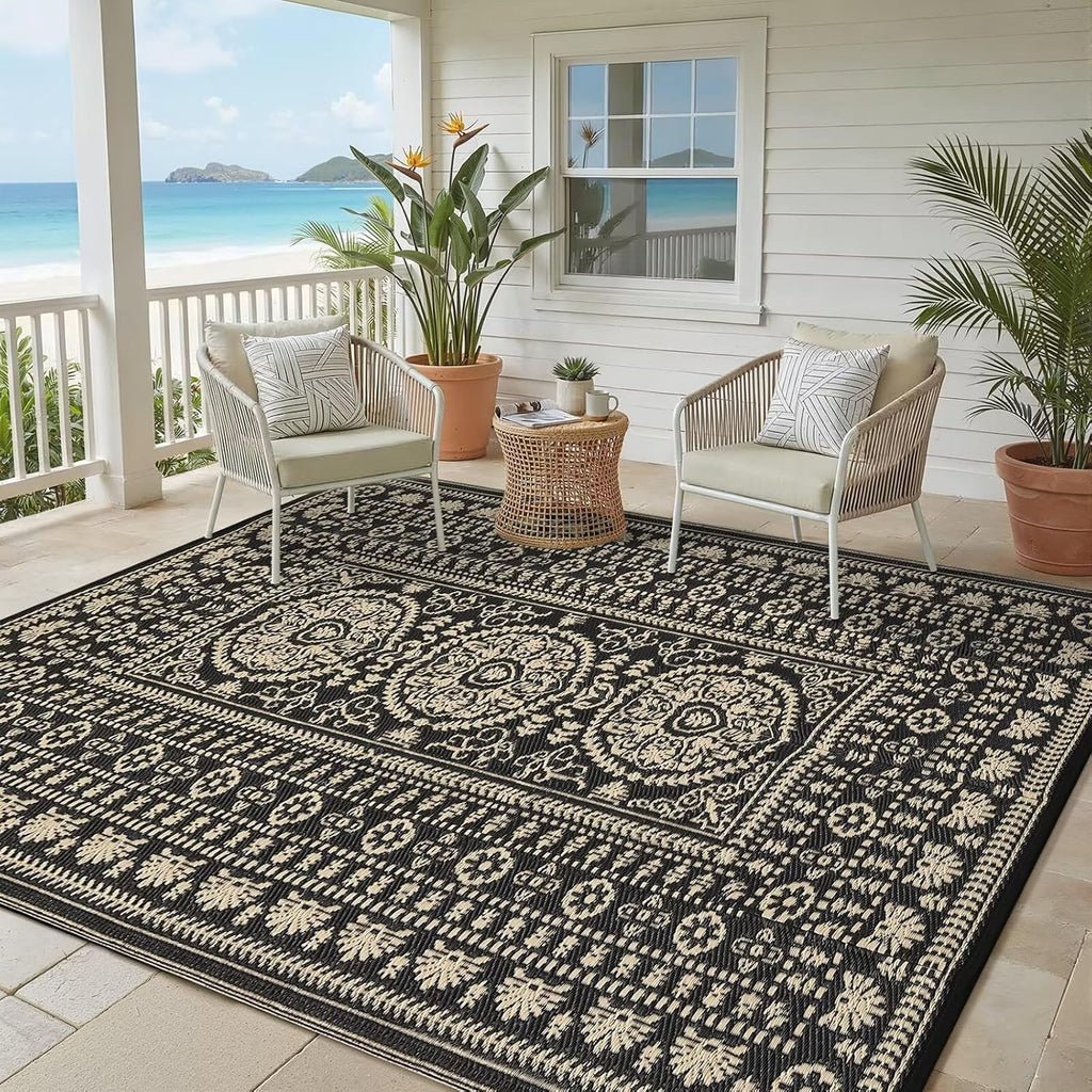Reversible Outdoor Rug 6x9, Waterproof Outdoor Area Rug, Modern Medallion Indoor Outdoor Rugs, Plastic Straw Rug for