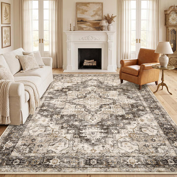 Living Room Rug Soft Vintage Boho Brown Grey Washable Area Rug