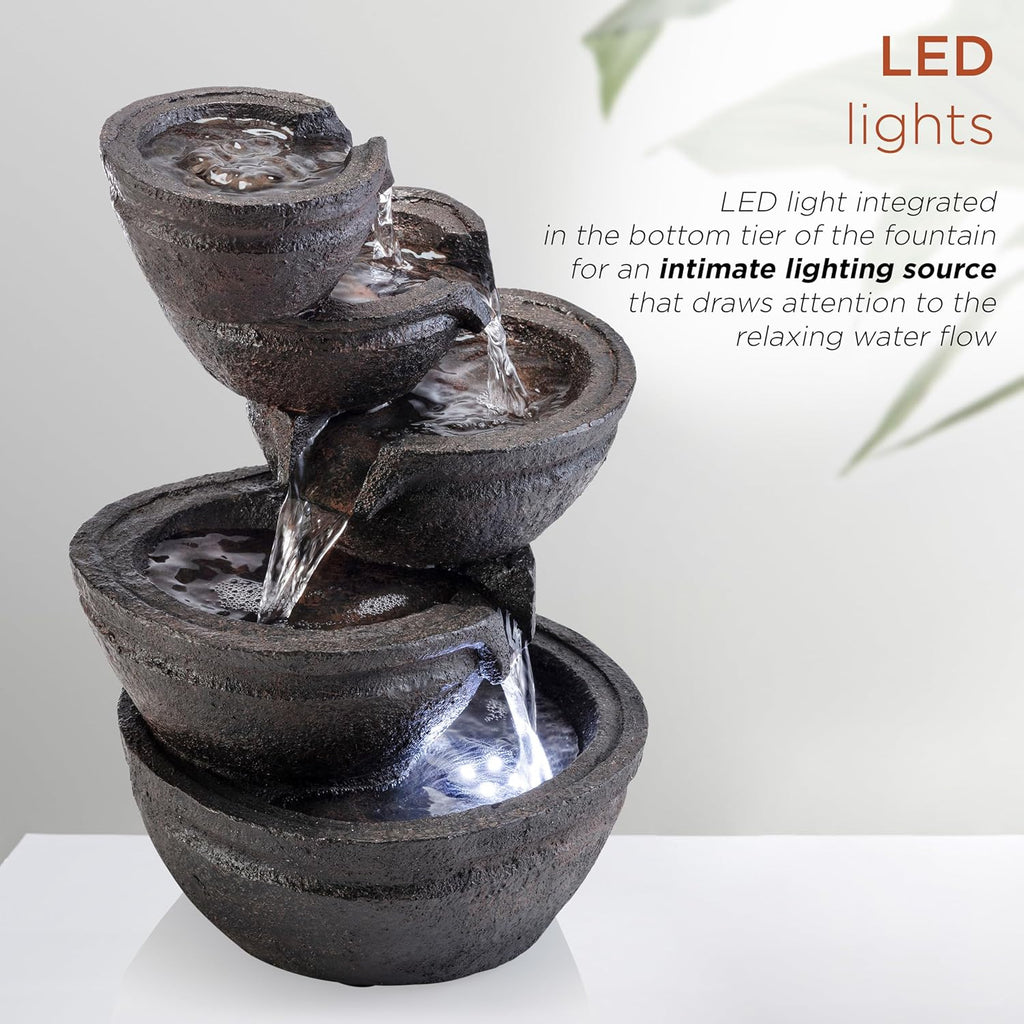 13" Indoor Tabletop Tiering Bowls Water Fountain with LED Lights - Cascading Water Feature, Meditation, Relaxation