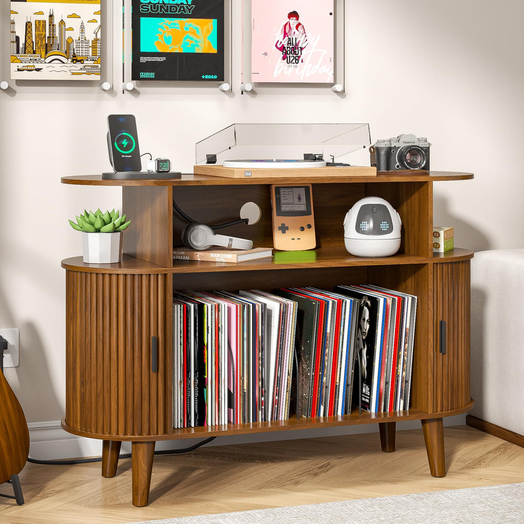Large Round Record Player Stand with Charging Station & USB Ports (Brown)