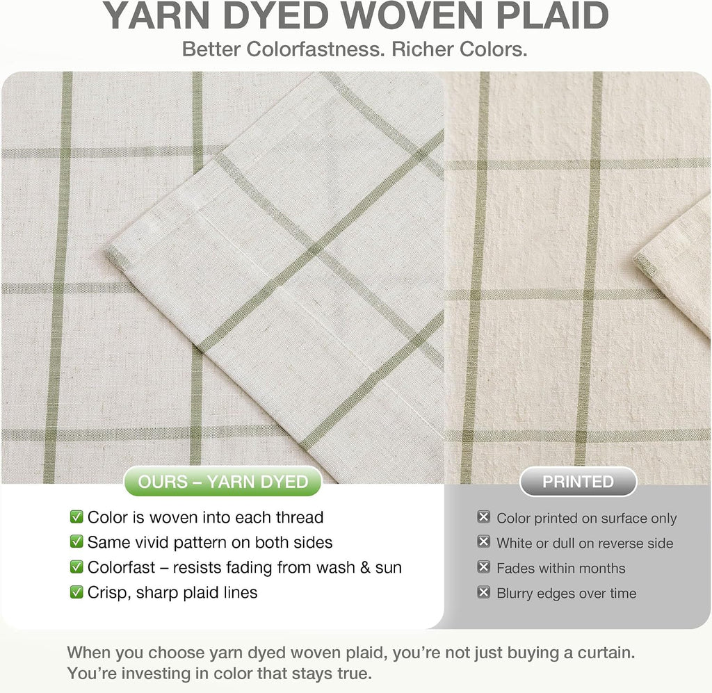 Sage Green Plaid Linen Pinch Pleated Semi Sheer Curtains Checkered Light Filtering Window Panels 84 inches Long for Living Room Bedroom Rustic Pleat Drapes with Back Tab Hooks 40" Wx84"Lx2