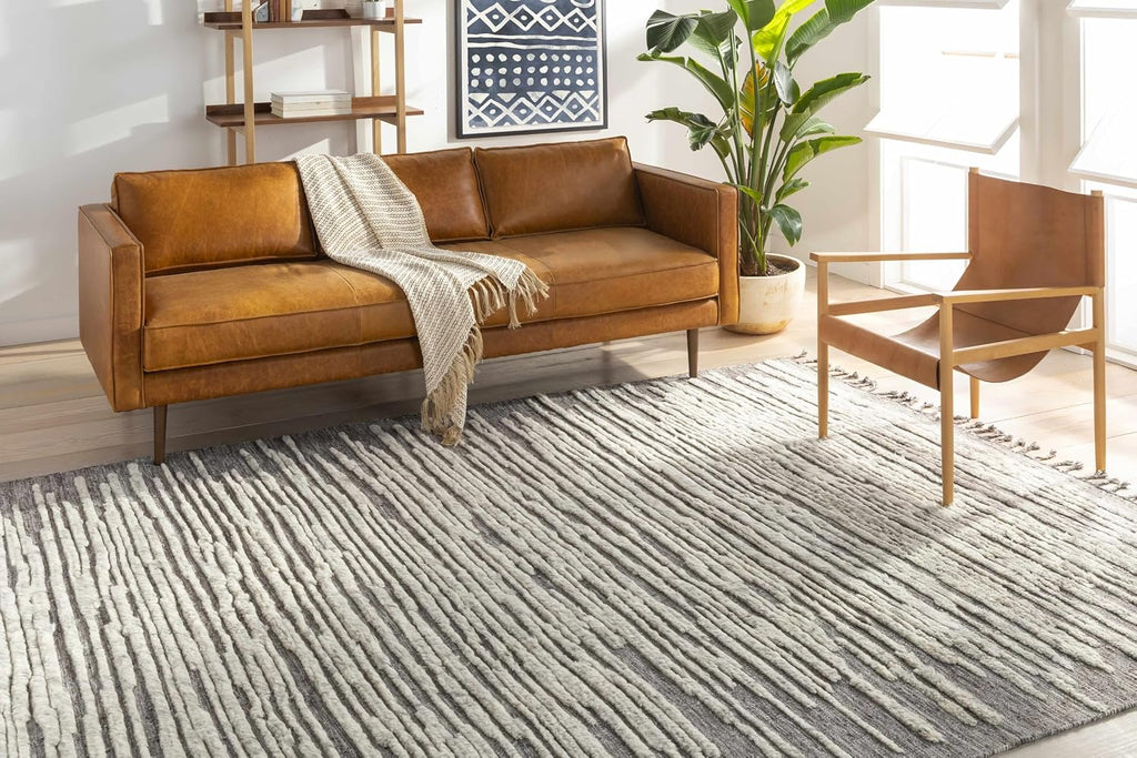 Mahaffey Wool Living Room, Bedroom Area Rug - Striped Abstract Distressed Faded - Bohemian Transitional Modern