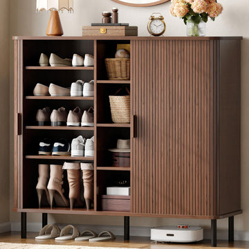 48" Large Shoe Cabinet with 2 Sliding Doors & Open Storage, Walnut