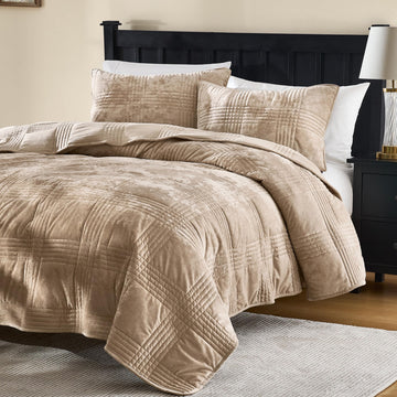 Velvet Quilt Set, Beige Khaki Tan Taupe Camel, 3 Pieces