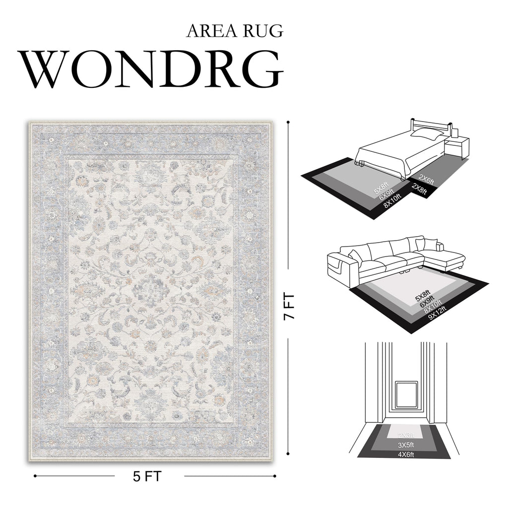 2x10 Blue Runner Rug Neutral Floral Carpet