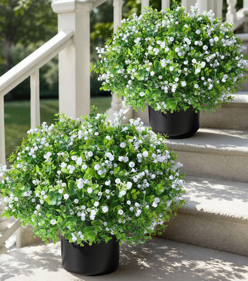 Fake Plants Artificial Flowers for Outdoors Decor, 2 Pack Fake Potted Plants Baby Breath With Green Eucalyptus Look
