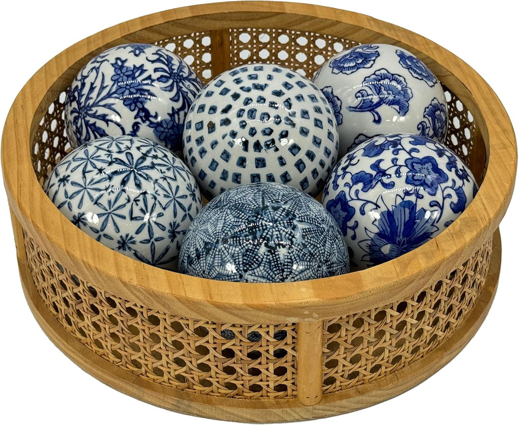 4" Diameter Blue & White Floral Chinoiserie Ceramic Ball () Style 2 | Decorative Ball Vase Bowl Filler - Set of 3