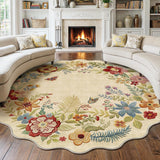 8ft Round Floral Washable Area Rug Beige Neutral Vintage Flower Botanical Cottage Boho Cream Scallop