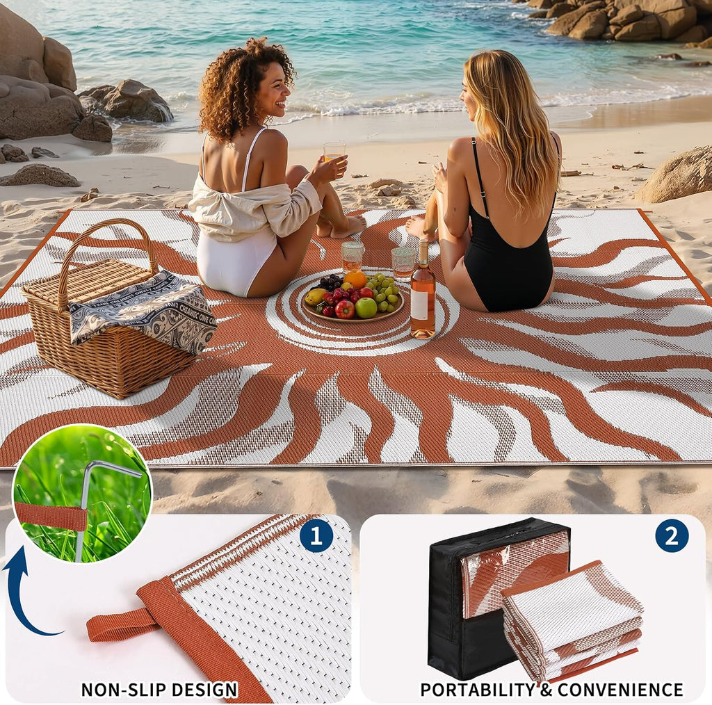 Outdoor Rug 9x12 Waterproof Patio Rugs with Boho Sun Pattern, Reversible Plastic Straw Camping Rugs Outdoor Indoor RV