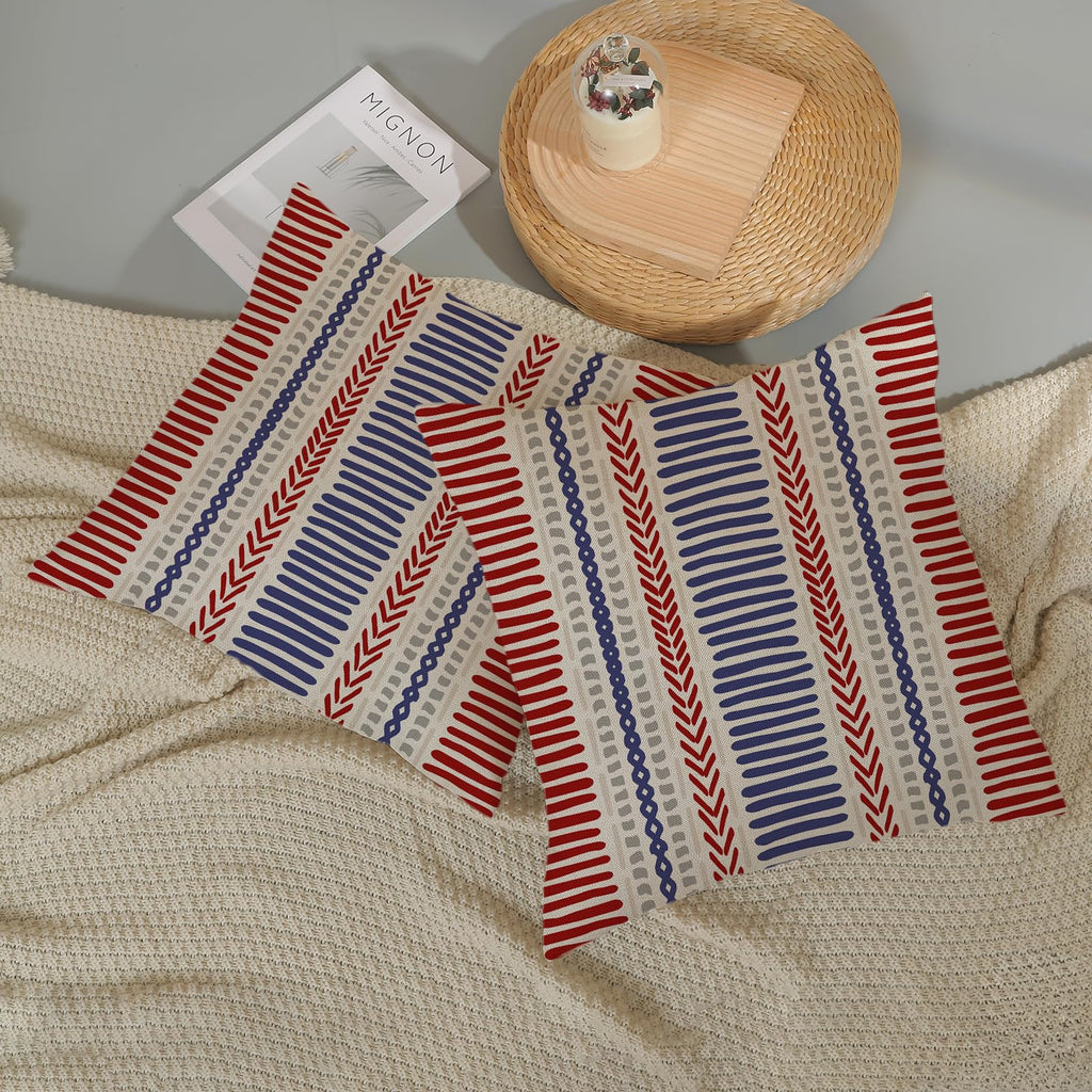 4th of July Red Blue Pillow Covers 18x18 Inch 2 Pcs Boho Polka Dots Striped Patriotic Decor Throw Pillows Modern