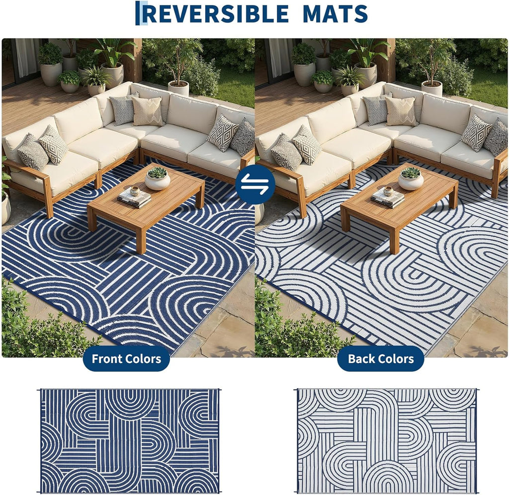 Reversible Rainbow Outdoor Rug 9x12, Waterproof Outdoor Plastic Straw Rug, RV Mat for Picnics, Patio