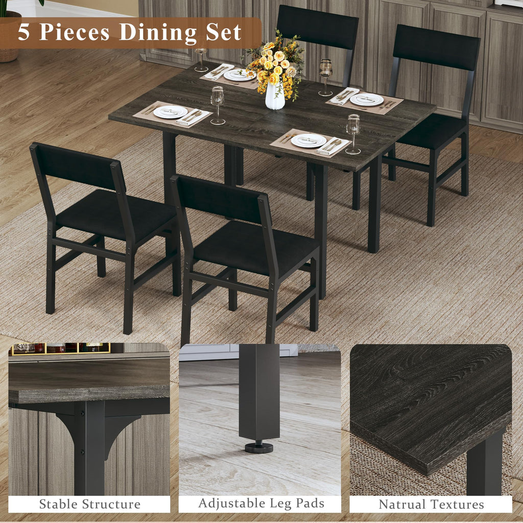 Dining Table Set for 4, Extendable Kitchen Table Cushion Chairs Set of 4, Rectangle Dining Table with Metal Frame &