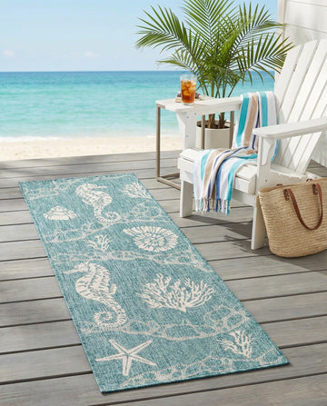 Outdoor Coastal Collection Rug - 6 Ft Runner Aqua Flatweave-Pile Rug Perfect s, Entryways