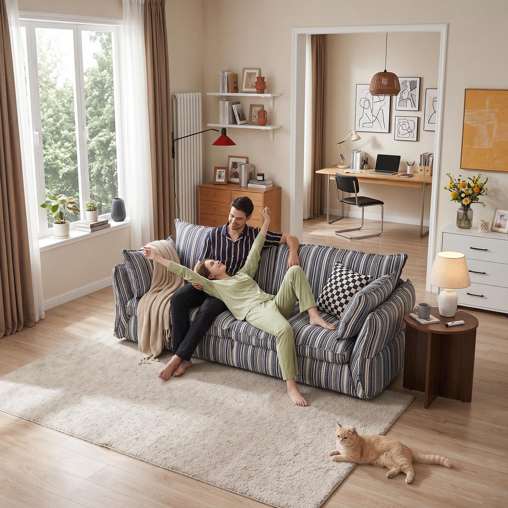 86" Modern Farmhouse Couch - 3 Seater Sofa with Striped Fabric Coastal Storage Sofas with Two Arm Pillows and Wood