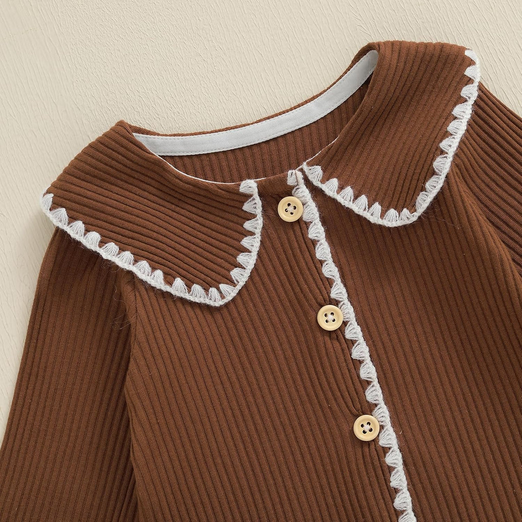 Toddler Baby Girl Fall Winter Outfits Ribbed Long Sleeve Button Down Shirt Tops Flare Pants Cute Clothes Set