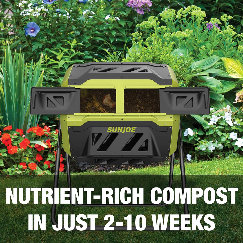 Tumbling Composter Bin with 360 Dual Chamber, 42 Gal, SJ-CMPS1 | 2-10 Week Compost, Rotating Tumbler Waste Management
