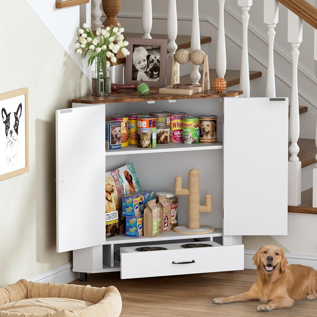 Farmhouse Dog Food Storage Corner Cabinet, Dog Feeding Station with 2 Hidden Bowls, Adjustable Panel, 4 Hooks, Pet