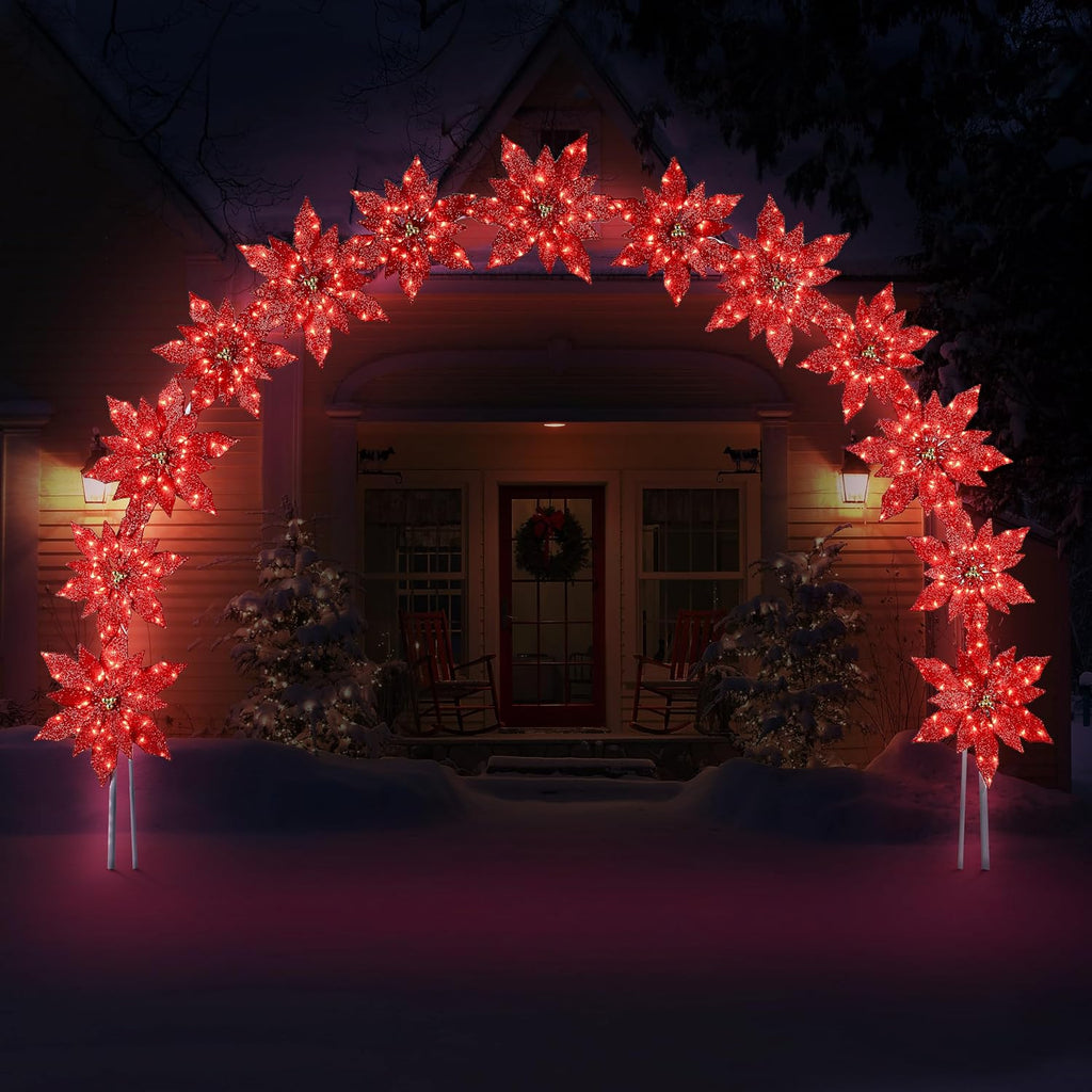 8.5 ft. Illuminated Poinsettia Arch with Warm White LED Lights, Outdoor Christmas Archway Decoration, Holiday Display