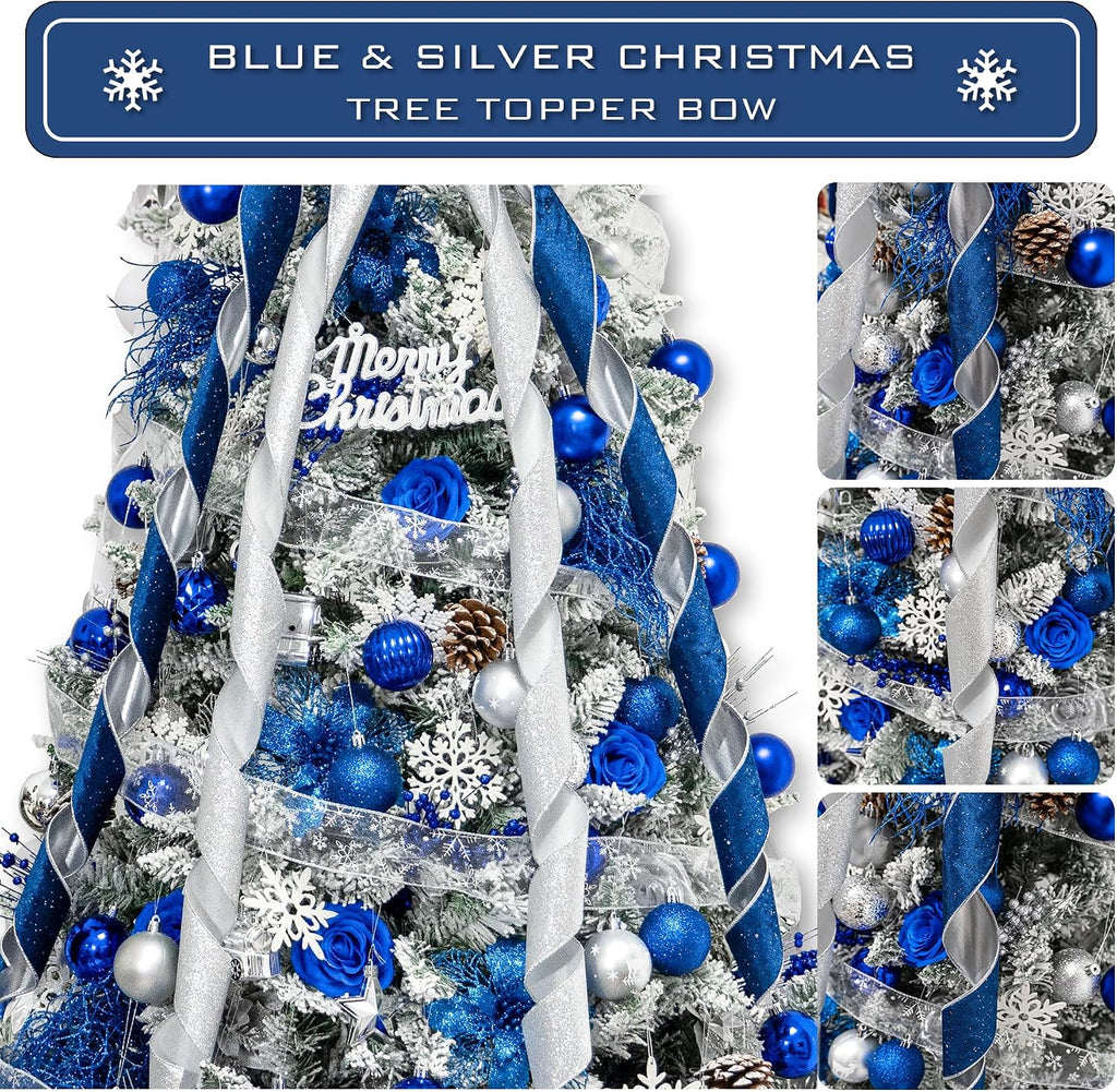 Large Christmas Tree Topper Bow,Blue & Silver 53x13 Inches