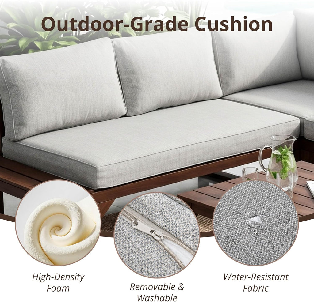 4 Piece Wood Patio Furniture, L-Shaped Outdoor Sectional Sofa Set with Coffee Table, Conversation Set with Built-in