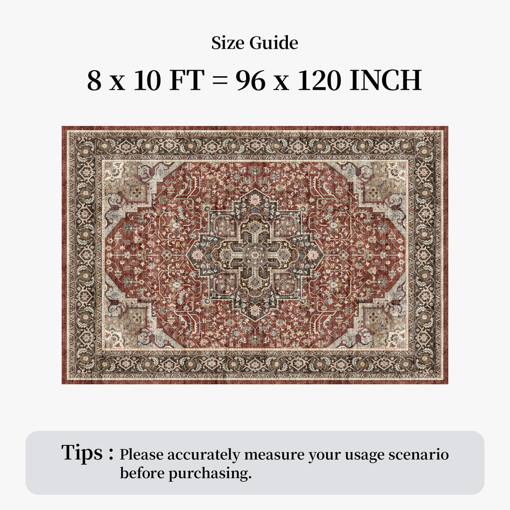 8x10 Vintage Area Rug - Non-Slip Backing Rugs Red Brown