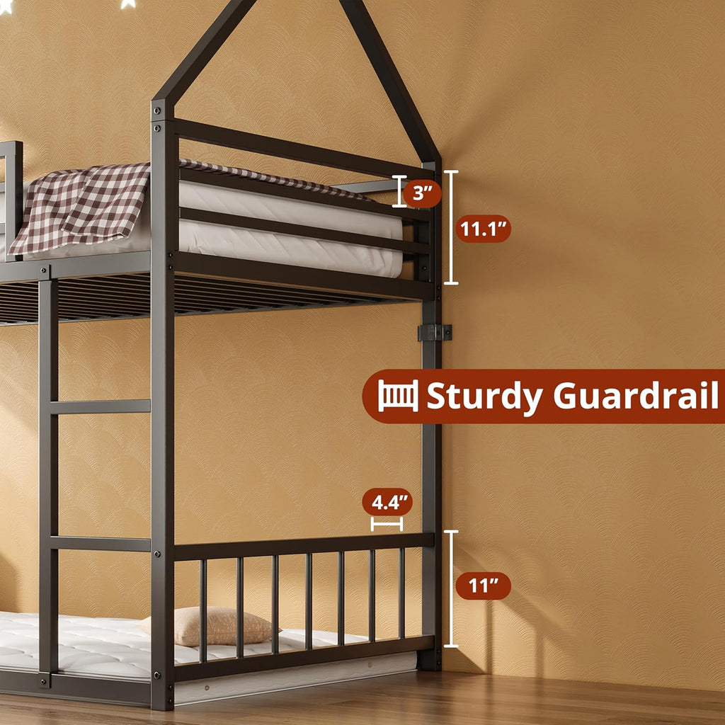 Bunk Bed Twin Over Twin, House Bunk Bed Frame with Ladder and Guardrail