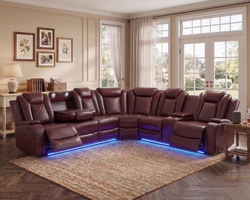 PU Leather Power Recliner Sectional, L-Shape Reclining Couch, 6-Seat Sectional Sofa with LED Lighting/USB