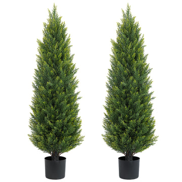 Two 4ft Artificial Topiary Tree Fake Bushes Potted Plants UV Resistant Faux Cedar Trees Artificial Outdoor Shrubs for