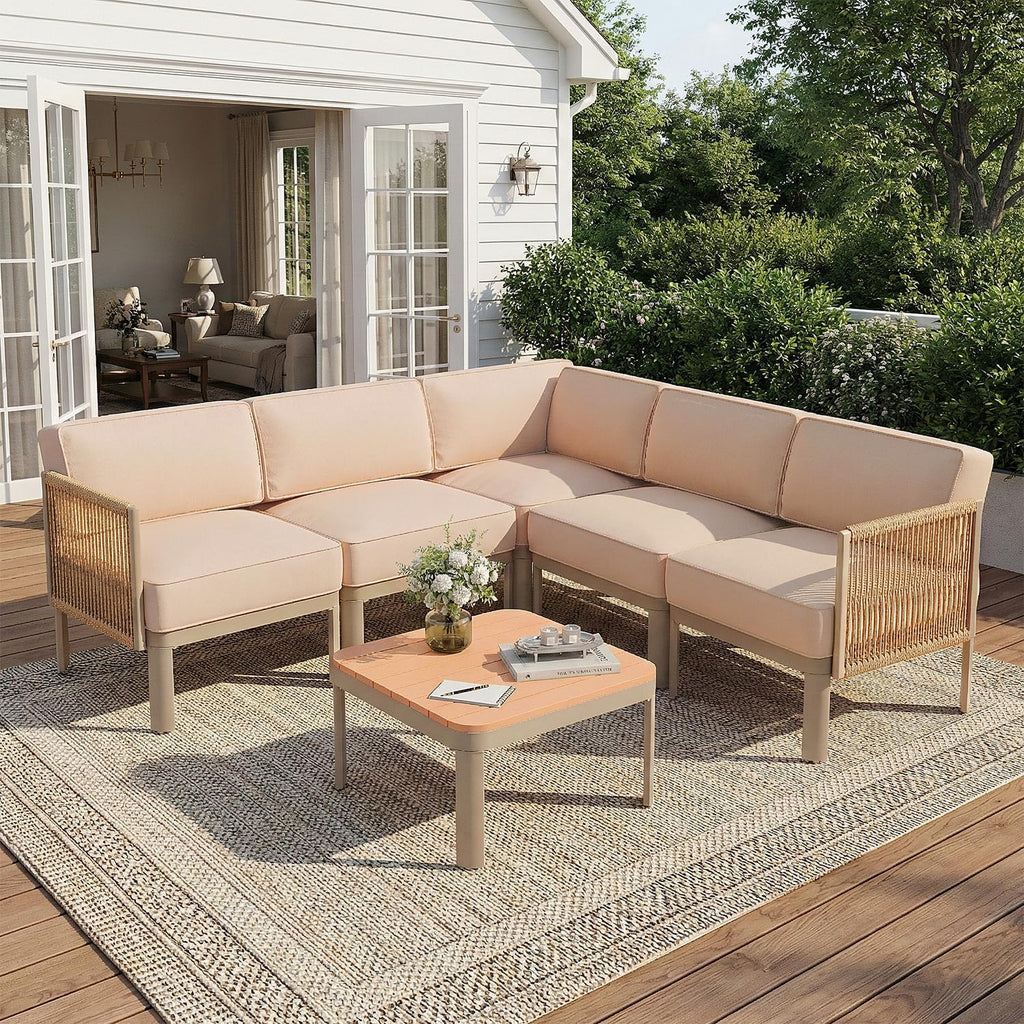 6 Pieces Patio Sectional Furniture Set, Metal Frame Outdoor Conversation Set with 6" Thick Cushions & Coffee Table