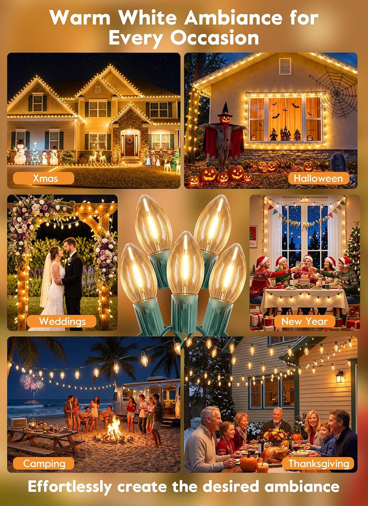 C9 Christmas Lights Outdoor, 100FT 50 Clear LED Bulbs, Warm White