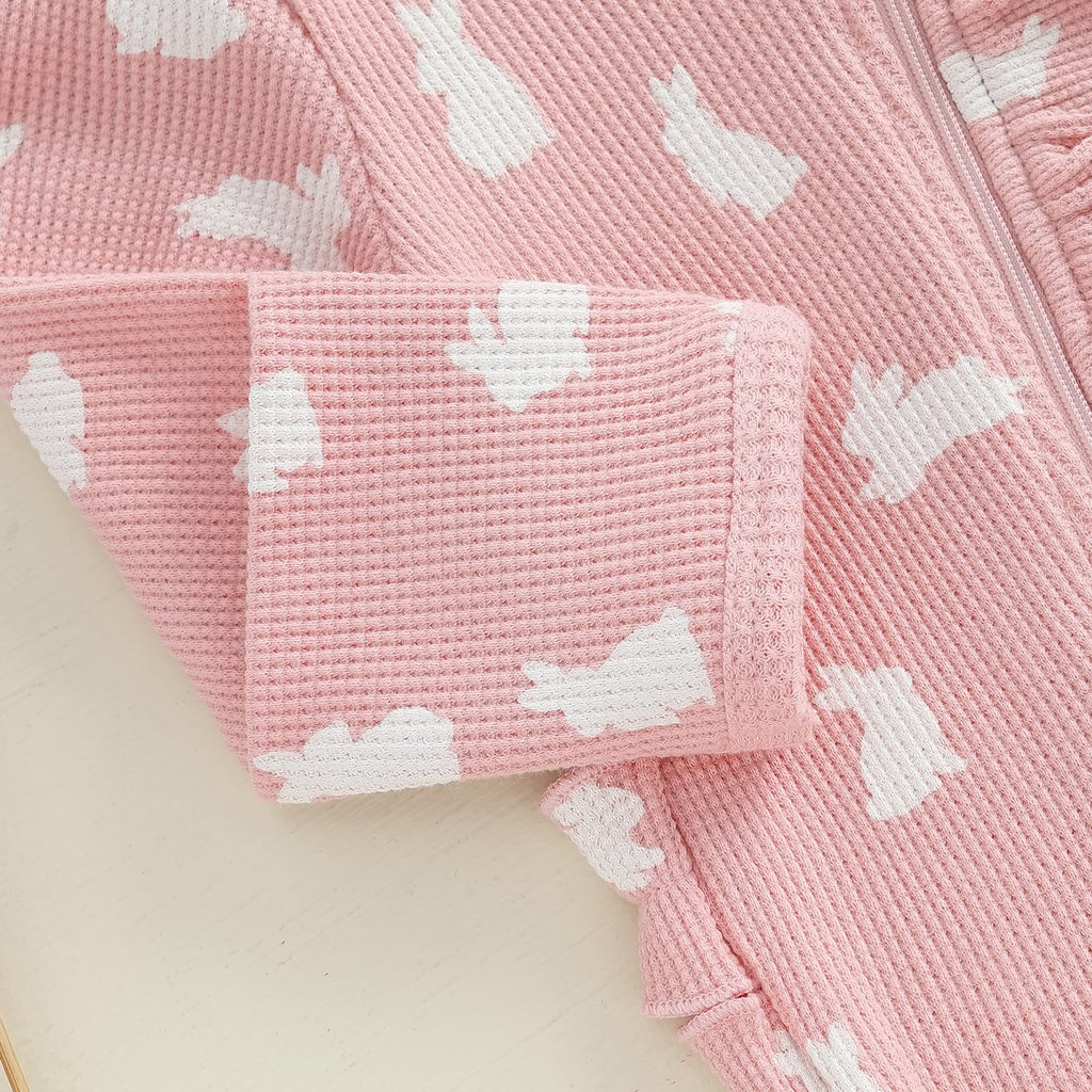My First Easter Baby Girl Boy Outfit Footie Romper Waffle Knit Zipper Onesie Jumpsuit Newborn Easter Clothes (Pink