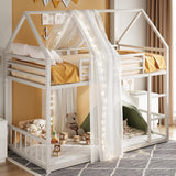 Bunk Bed Twin Over Twin, House Bunk Bed Frame with Ladder and Guardrail