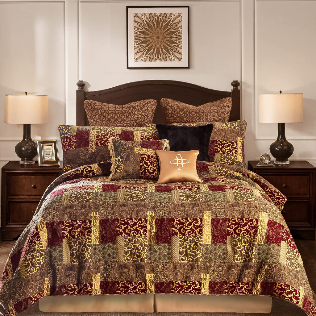 9-Piece Traditional Patchwork Comforter Set, Red Gold