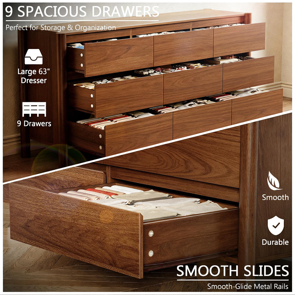 Walnut Dresser, 63"Wide 9 Drawer Mid Century Modern Chest