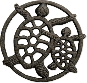 Cast Iron Trivet for Hot Dishes, Pots, and Pans, Metal Trivet, 2 Turtle Design, Rubber Feet Caps, Ring Hanger, 8.75